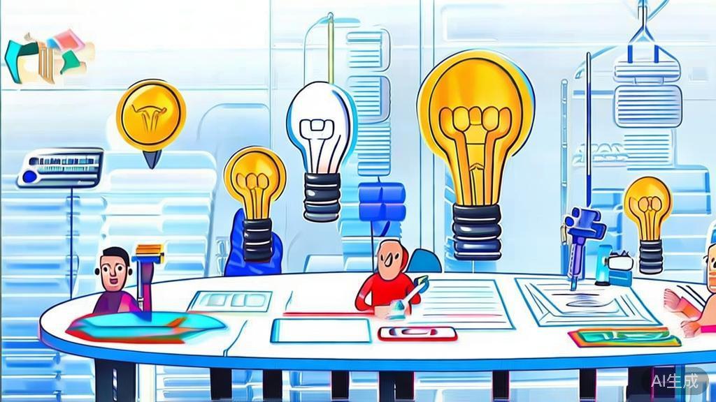 Flat vector illustration of idea brainstorming for animation, corporate style, soft blue gradient