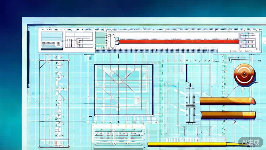 Flat vector illustration showing perspective drawing tools and techniques, dashboard style, soft blue gradient
