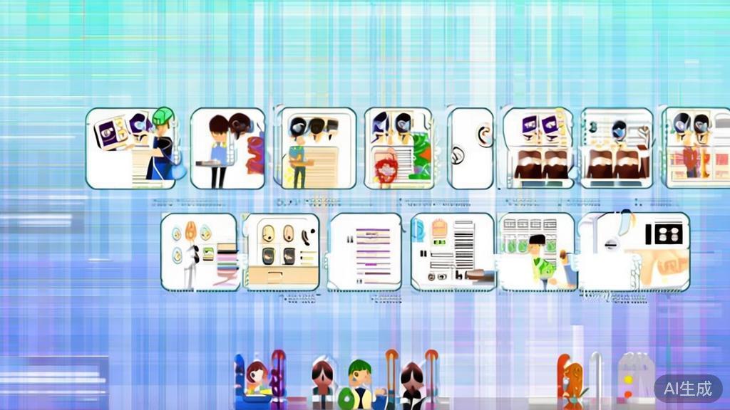 "Flat vector illustration of qualified teachers in anime production school, dashboard style, soft blue gradient"