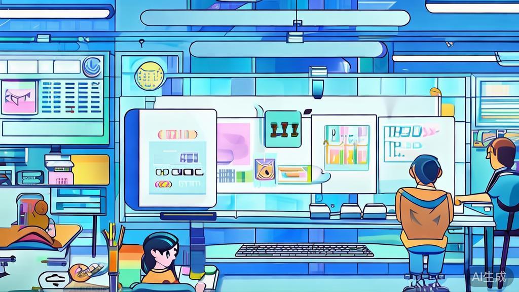 "Flat vector illustration of anime students collaborating in a creative environment, dashboard style, soft blue gradient"