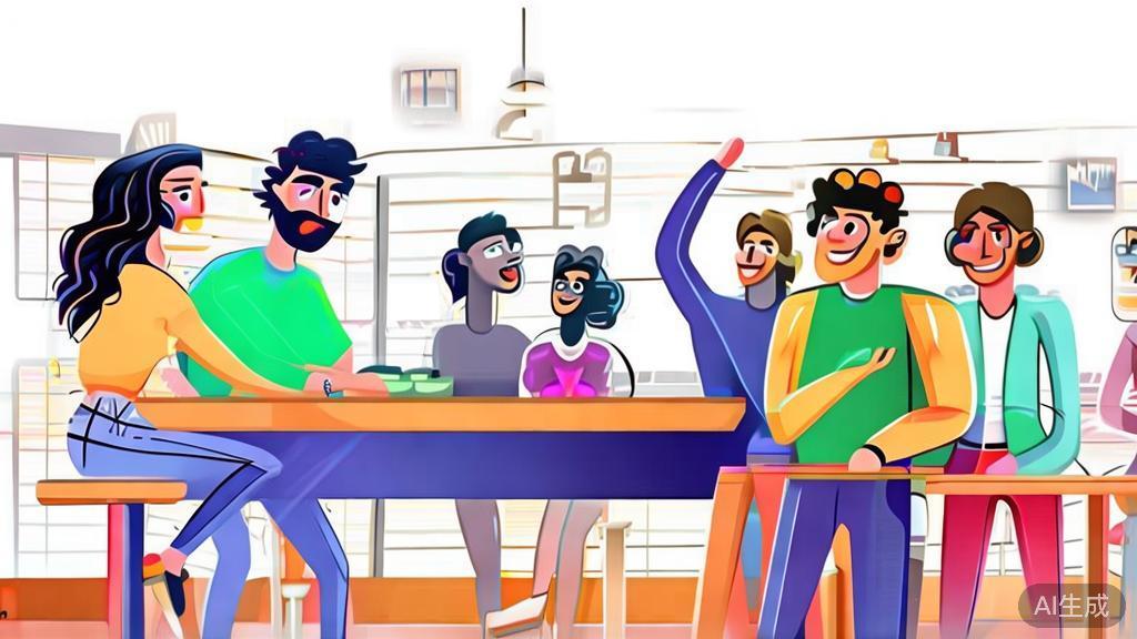 High-quality flat design illustration of an animator attending a workshop, engaging with peers, and sharing ideas, minimalistic style