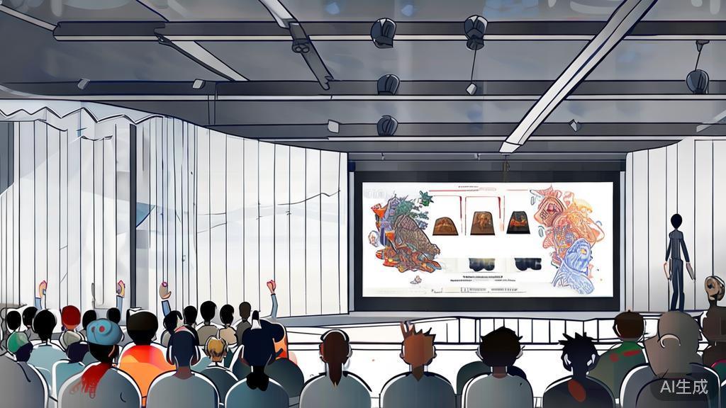 High-quality business illustration depicting a successful anime project presentation, with an enthusiastic crowd engaged and inspired, minimal flat design