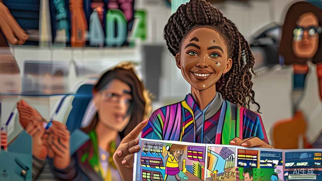 "High-quality business illustration depicting a young artist receiving praise for using AI in her comic creation"