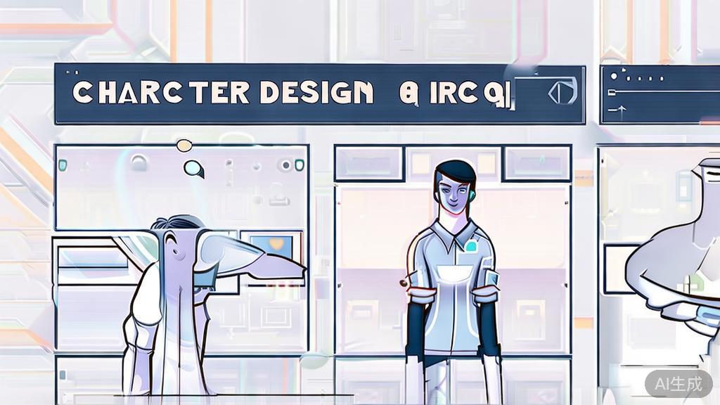 "High-quality business illustration of character design process with AI, minimal flat design"