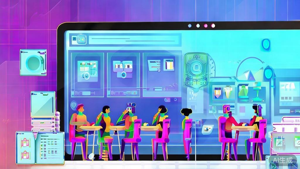 "Flat vector illustration of a creative teamwork environment using AI to enhance advertising design, dashboard style, soft blue gradient"