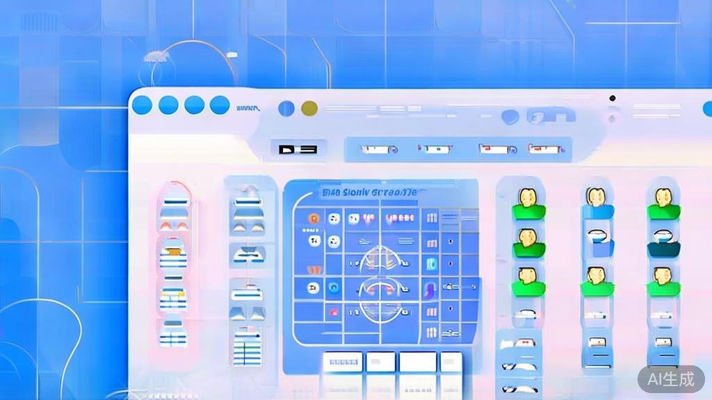 Flat vector illustration of user interface of an AI cartoon character generator, dashboard style, soft blue gradient