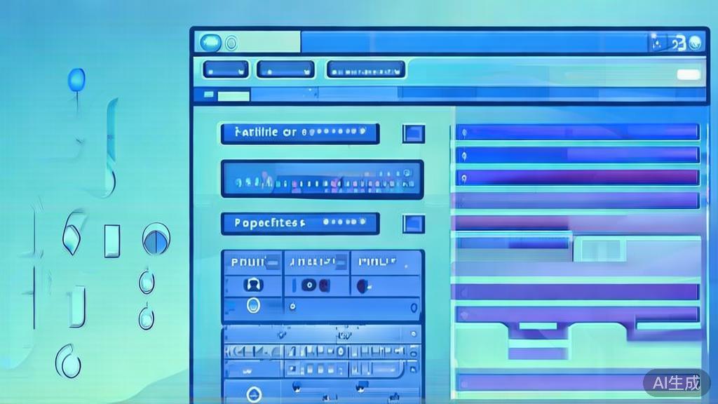 "Flat vector illustration of Adobe After Effects interface, dashboard style, soft blue gradient"