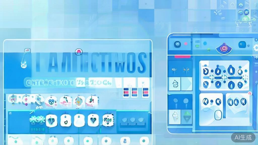 Flat vector illustration of AI-driven animation tools, dashboard style, soft blue gradient