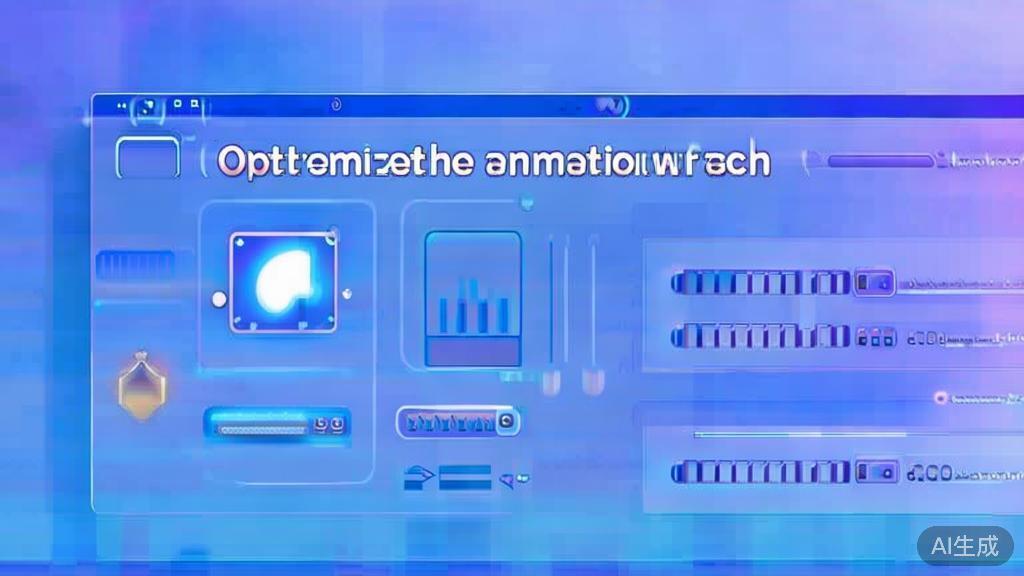 Flat vector illustration of animation process optimization with AI, dashboard style, soft blue gradient