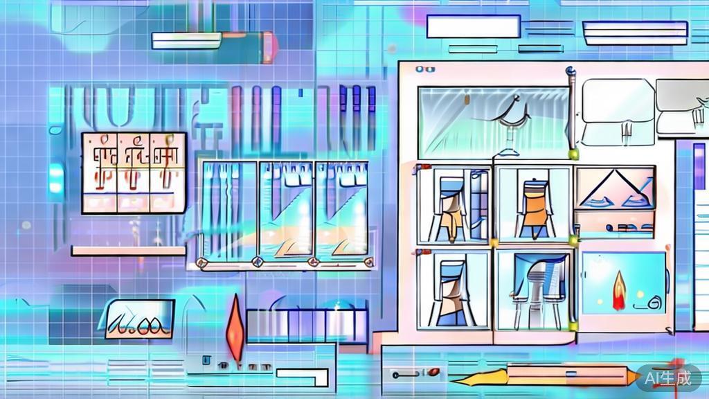 Flat vector illustration of anime character design process, dashboard style, soft blue gradient