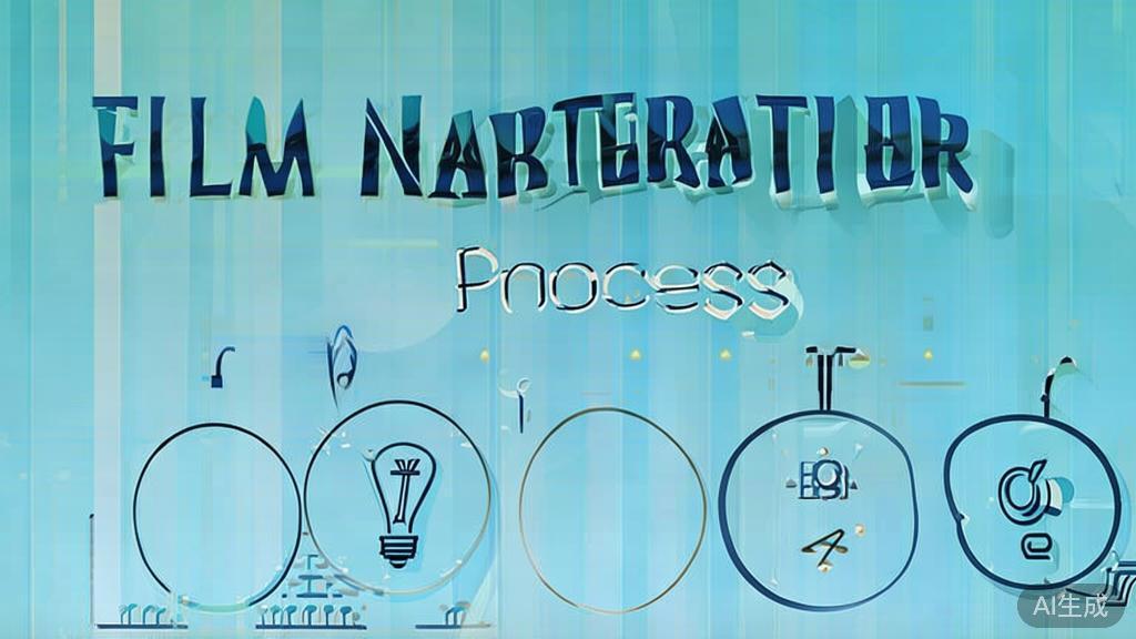 "Flat vector illustration of film narration process, showing idea generation and editing steps, soft blue gradient"