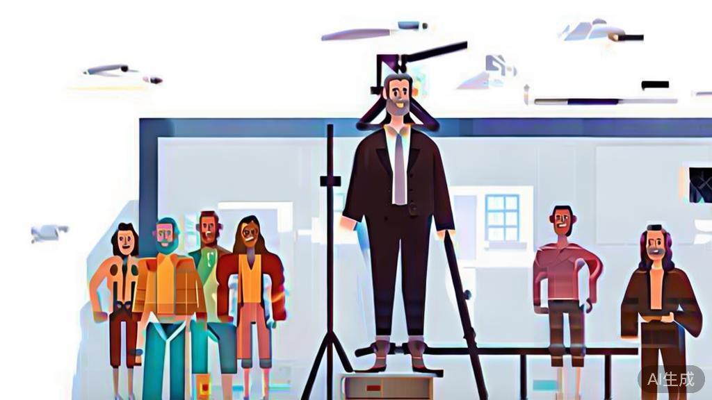 "High-quality business illustration regarding traditional film directing, depicting a director working with actors on set, minimal flat design"