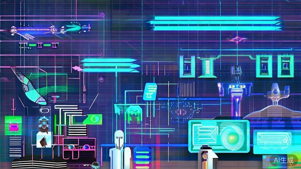 Future trends in video production, showing a blend of AI and traditional techniques, creative business illustration