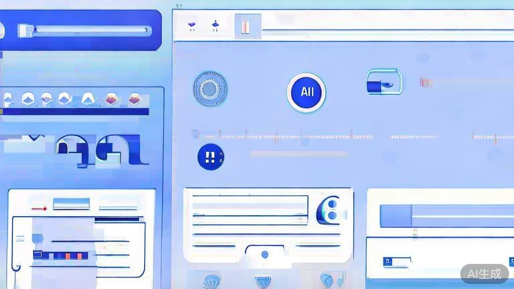 Flat vector illustration of AI video editing tools, dashboard style, soft blue gradient