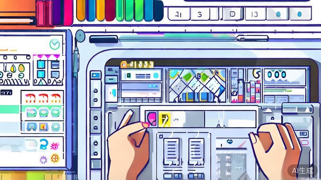 "Flat vector illustration of an artist sketching anime concepts, incorporating AI tools, dashboard style"