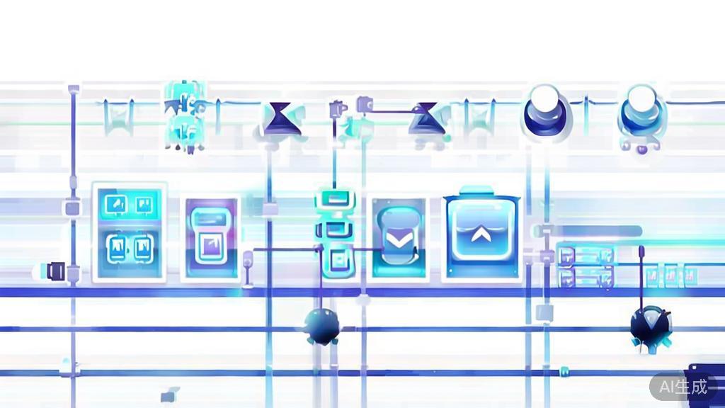 "Flat vector illustration of final editing and publishing steps in AI film generation, minimal flat design, soft blue gradient"