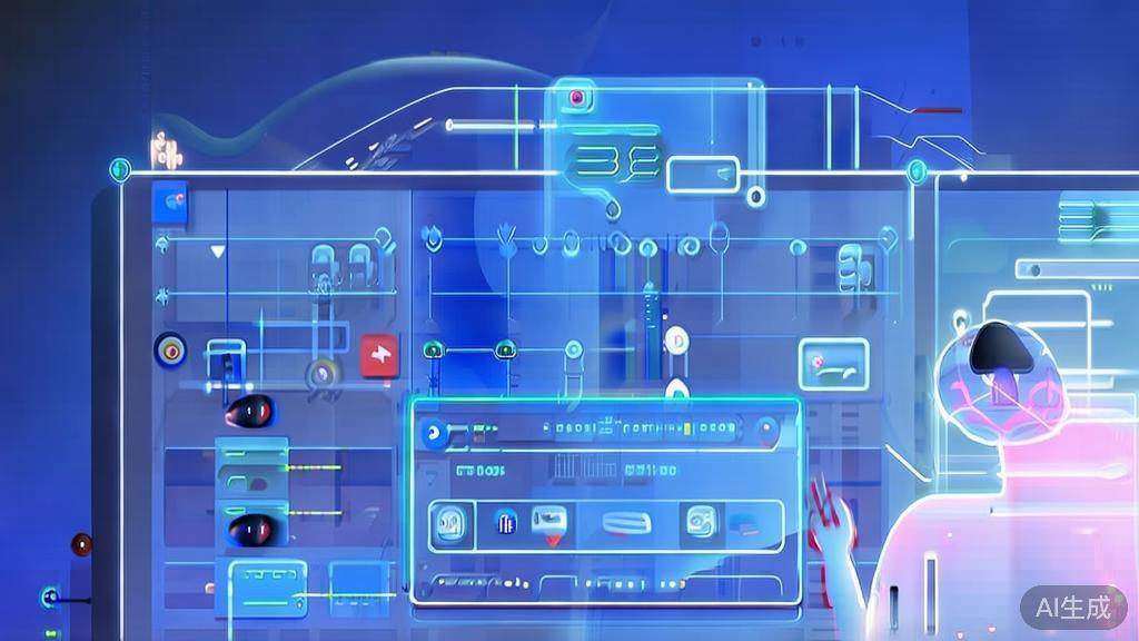 Flat vector illustration of a user creating images with AI tools, dashboard style, soft blue gradient