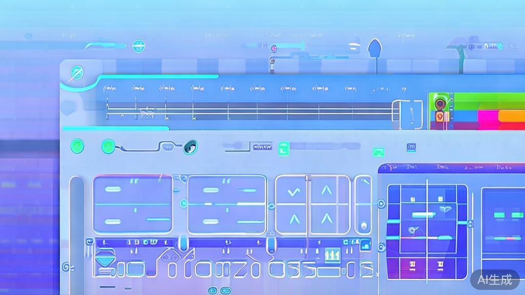 Flat vector illustration of AI video editing features, dashboard style, soft blue gradient