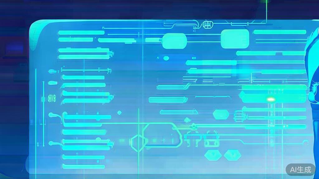 Flat vector illustration of a futuristic AI image generation scenario, soft blue gradient