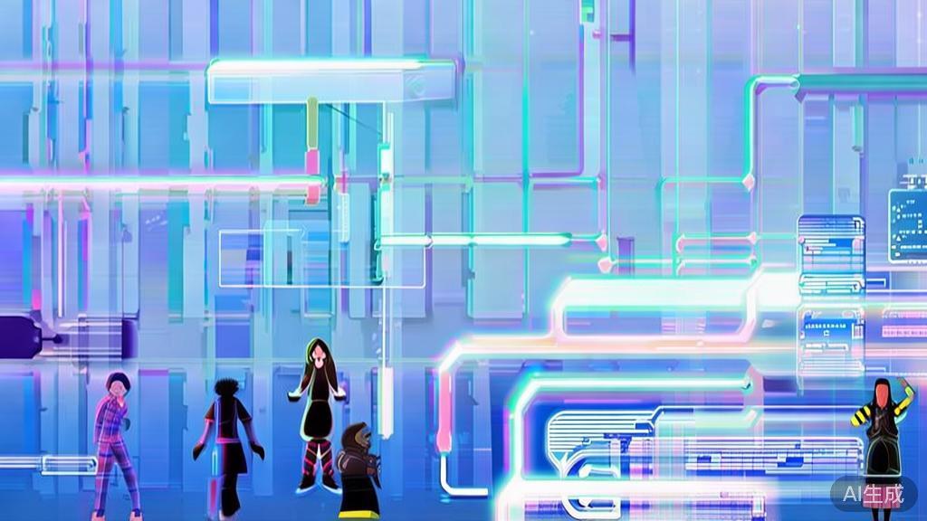 Flat vector illustration of future trends in anime production, showcasing technology and audience interaction, soft blue gradient