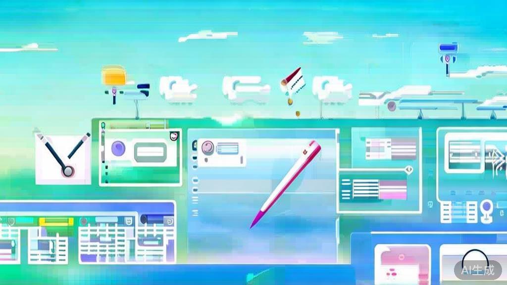 "Flat vector illustration of animation creation process, dashboard style, soft blue gradient"