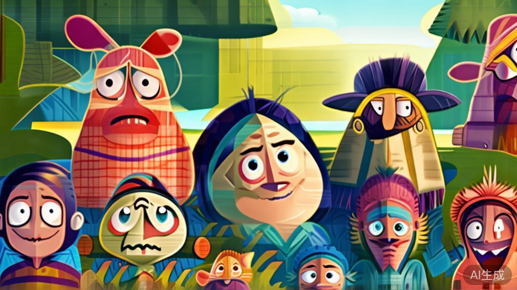 "High-quality illustration representing storytelling through animation, showing characters in different emotional states"