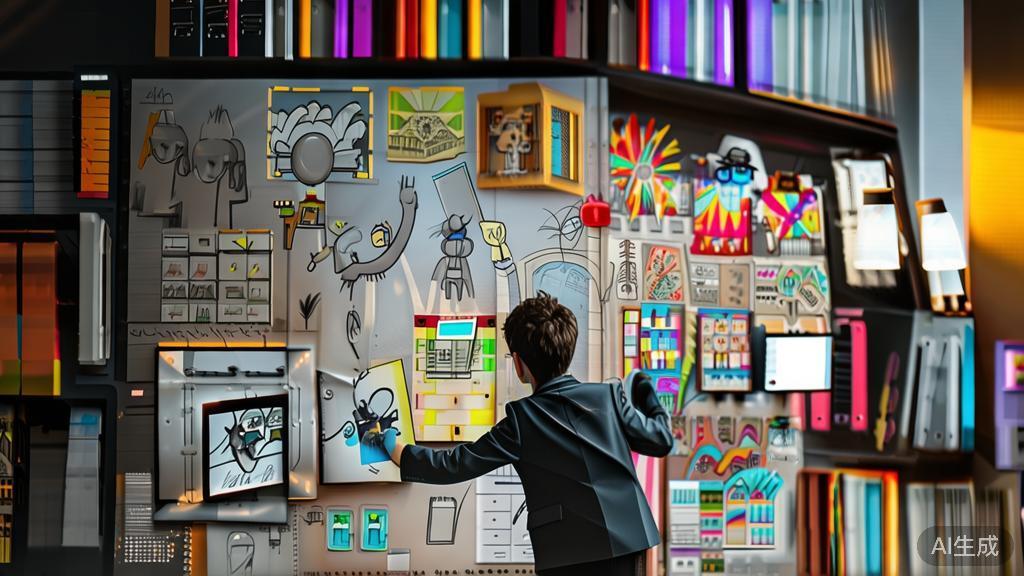 "High-quality business illustration of a person brainstorming ideas for animation, with sketches and notes around"