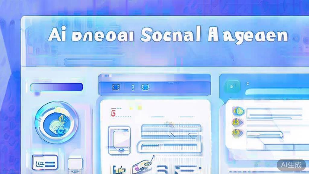 "Flat vector illustration of social media engagement through AI animation, dashboard style, soft blue gradient"