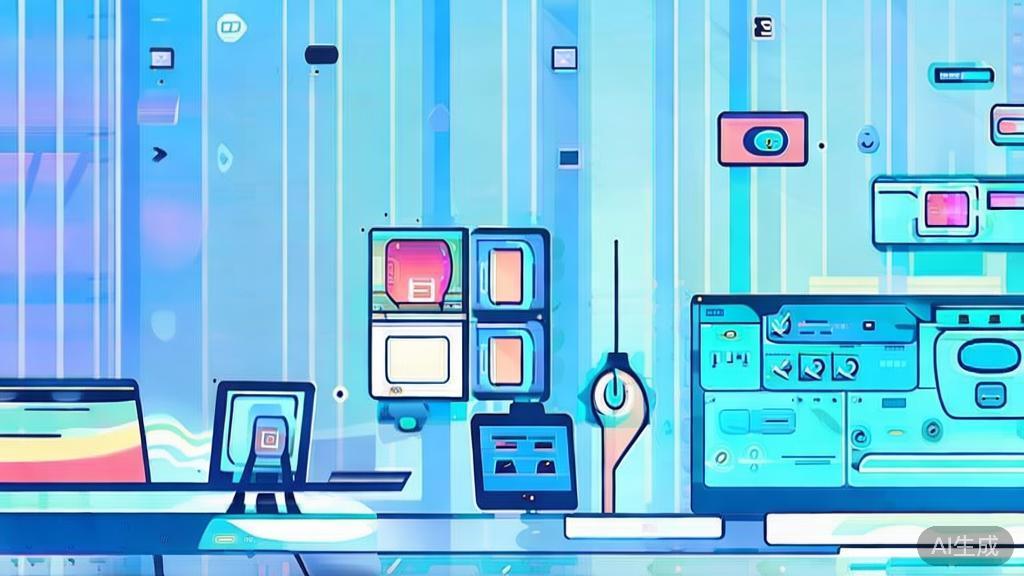 Flat vector illustration of a creative workspace with AI tools, dashboard style, soft blue gradient