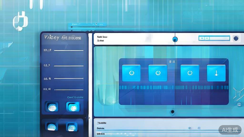 "Flat vector illustration of Pictory video editing software, dashboard style, soft blue gradient"