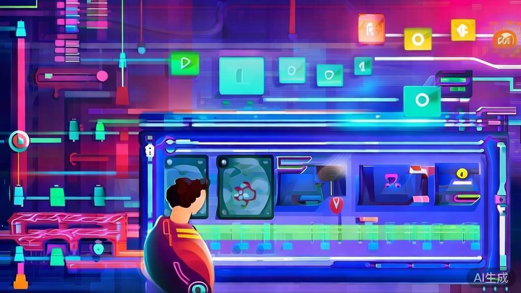 "Flat vector illustration of user uploading materials and editing video content using AI tools"