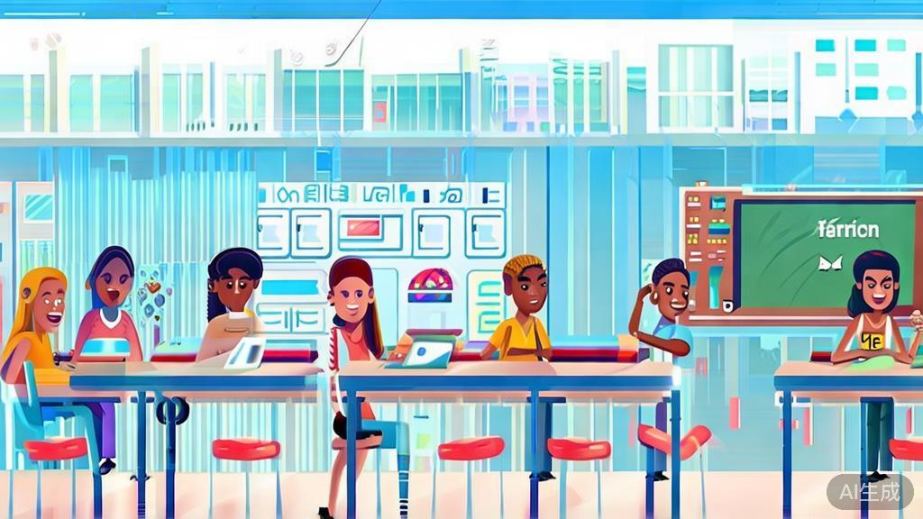 Flat vector illustration of animated classroom with students engaged in learning, dashboard style, soft blue gradient