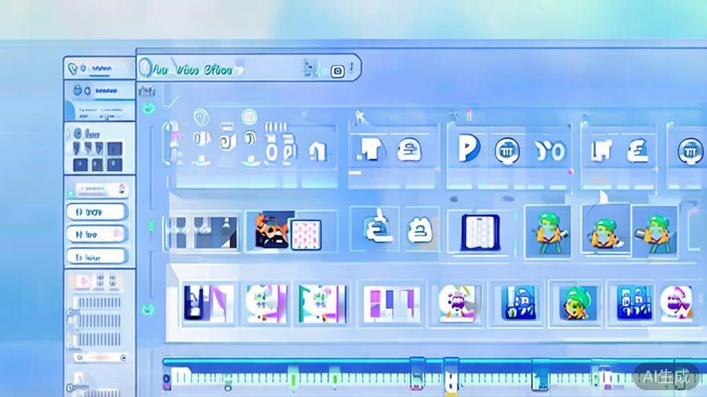 Flat vector illustration of AI video editing process, dashboard style, soft blue gradient