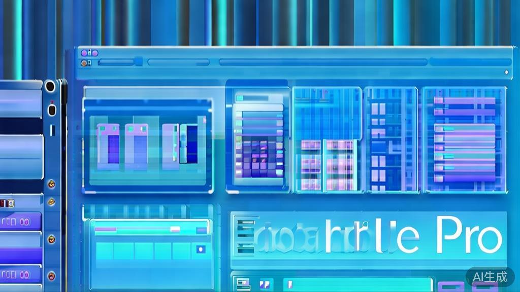 "Flat vector illustration of Adobe Premiere Pro interface, dashboard style, soft blue gradient"