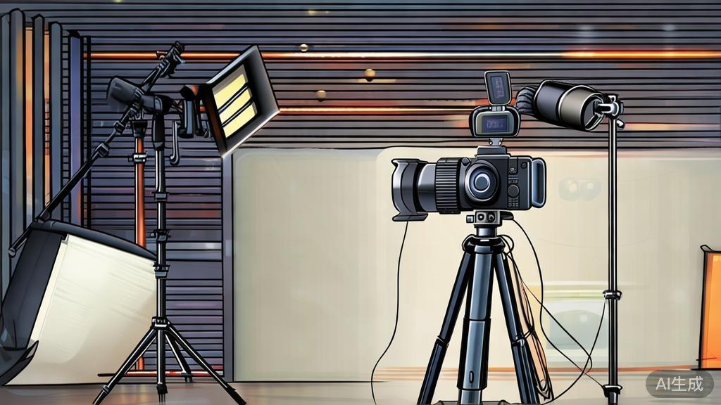 "High-quality illustration of video production equipment, including camera, tripod, microphone, and lights"