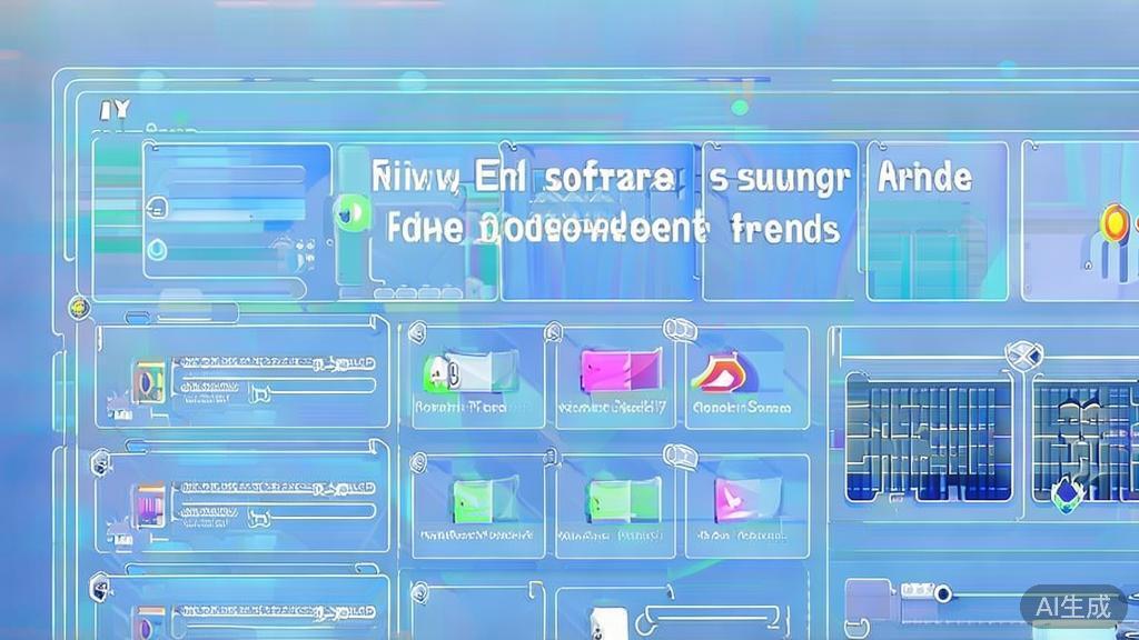 "Flat vector illustration of future trends in anime software development, dashboard style, soft blue gradient"