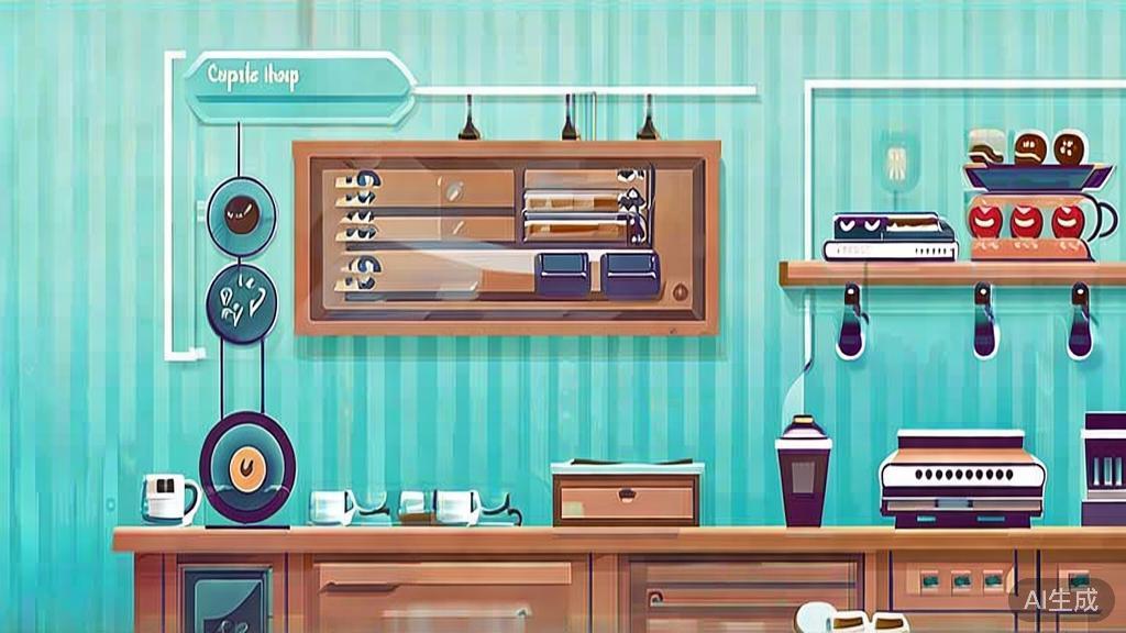 Flat vector illustration of small business coffee shop, dashboard style, soft blue gradient