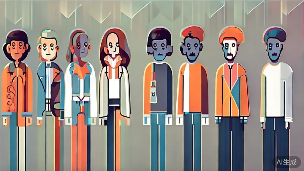 "High-quality business illustration showing various character designs created by AI animation software, minimal flat design"