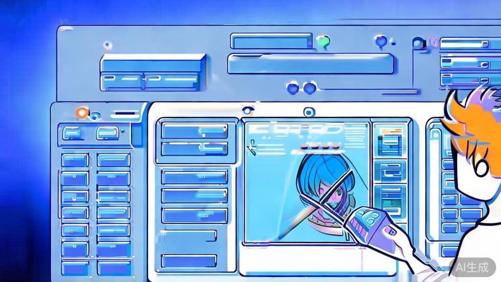 Flat vector illustration of an artist exploring AI anime software, dashboard style, soft blue gradient