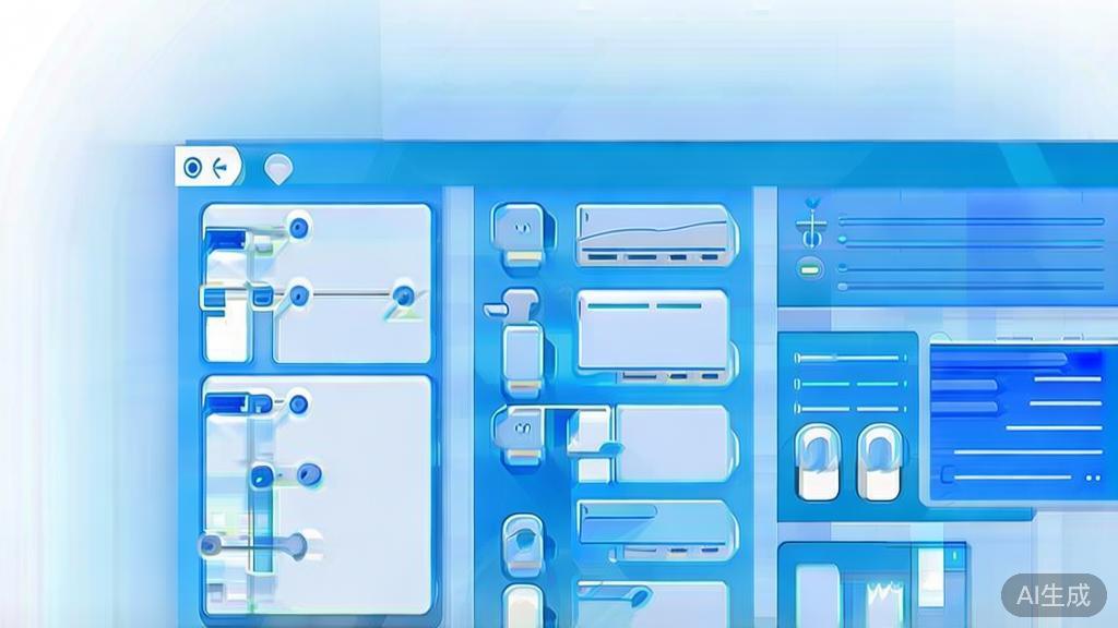 Flat vector illustration of video production software features, dashboard style, soft blue gradient