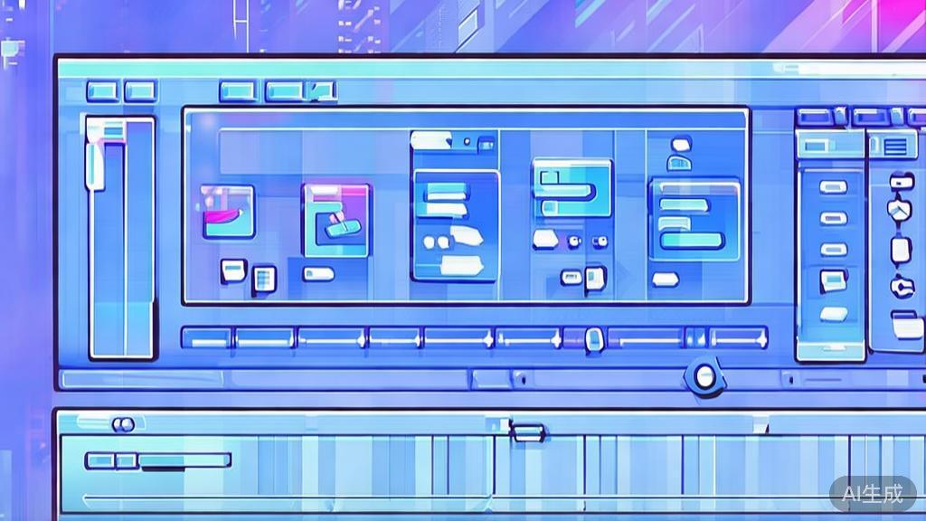 Flat vector illustration of video editing software features, dashboard style, soft blue gradient