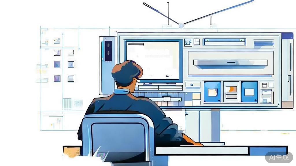 "High-quality business illustration, a person using video editing software, minimal flat design"