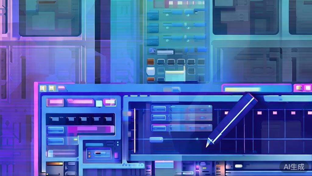 Flat vector illustration of a video editing process with automation tools, soft blue gradient