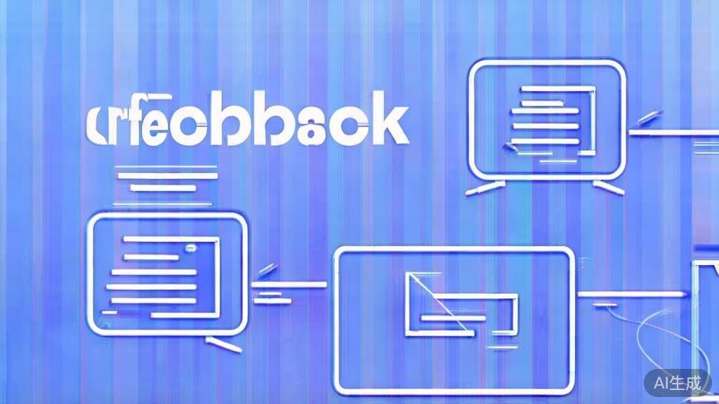 "Flat vector illustration of feedback mechanism in AI script writing, soft blue gradient"