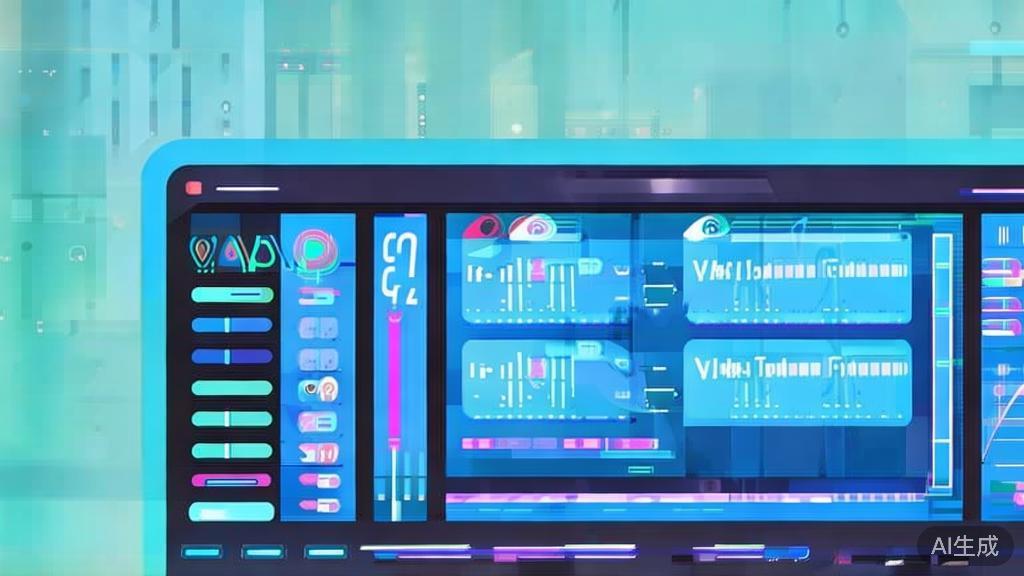 Flat vector illustration of video editing with AI tools, dashboard style, soft blue gradient