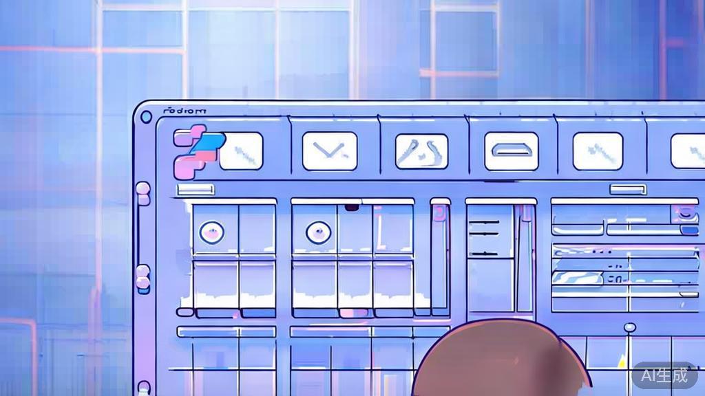 Flat vector illustration of a user interacting with short drama production software, dashboard style, soft blue gradient