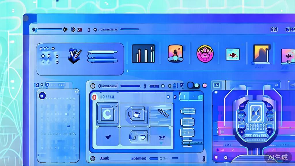 "Flat vector illustration of AI in video editing, dashboard style, soft blue gradient"