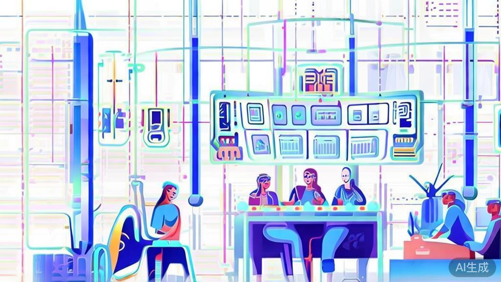 High-quality illustration of a creative team using AI tools for short film production, minimal flat design