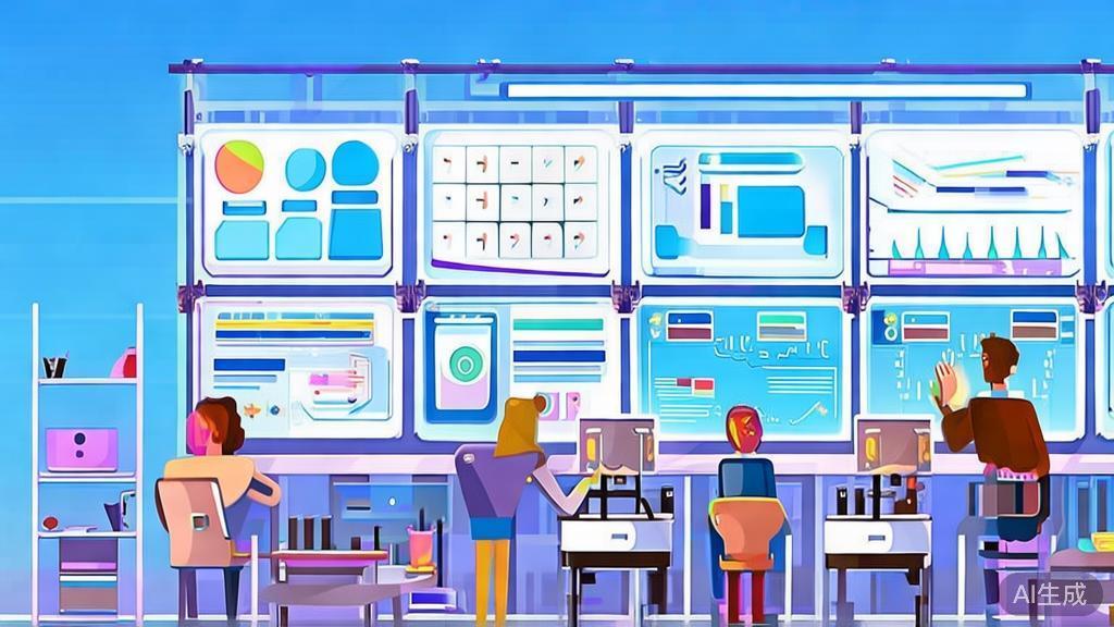 "Flat vector illustration of a collaborative workspace with team members using digital tools, dashboard style, soft blue gradient"