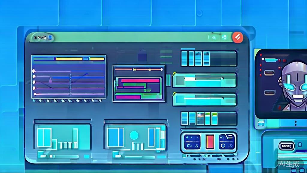 Flat vector illustration of AI and animation production, dashboard style, soft blue gradient